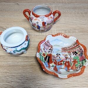 3 PC Chinese Doucai Porcelain Incense Burner Japanese Geisha Plate Pot